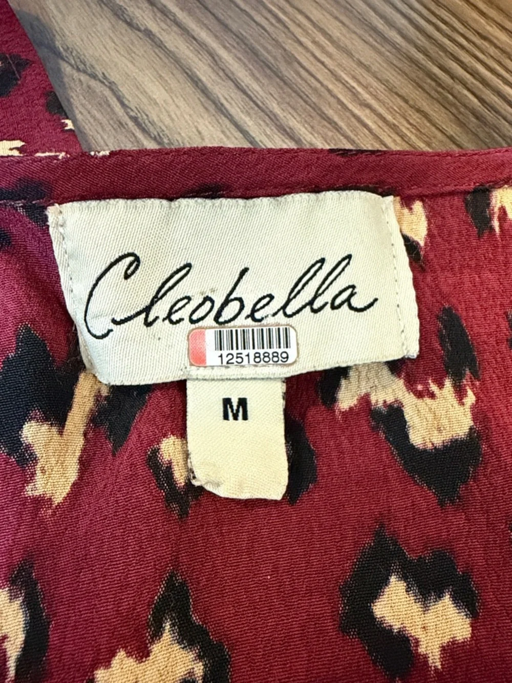 Cleobella Burgundy Leopard Print Wrap‎ Midi Dress 3/4 Sleeve Boho M